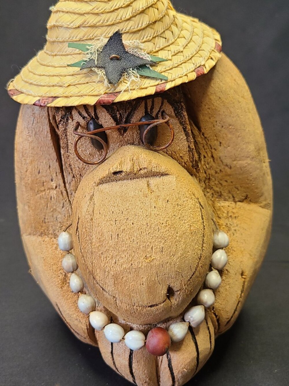 Vintage Cuban Hand Carved Coconut Monkey Figurine - Straw Hat, Wire Glasses